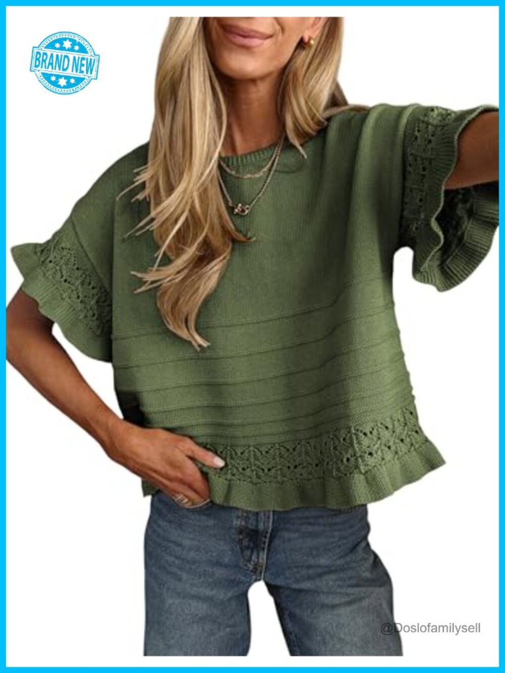 Womens Short Sleeve Ruffle Hem Knit Crochet Pullover Sweater Top